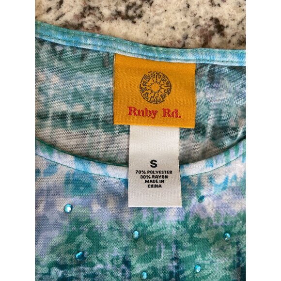 Ruby Rd. Womens Top Small Blue Green Abstract 3/4 Sleeve Scoop Neck Watercolor - Picture 3 of 10